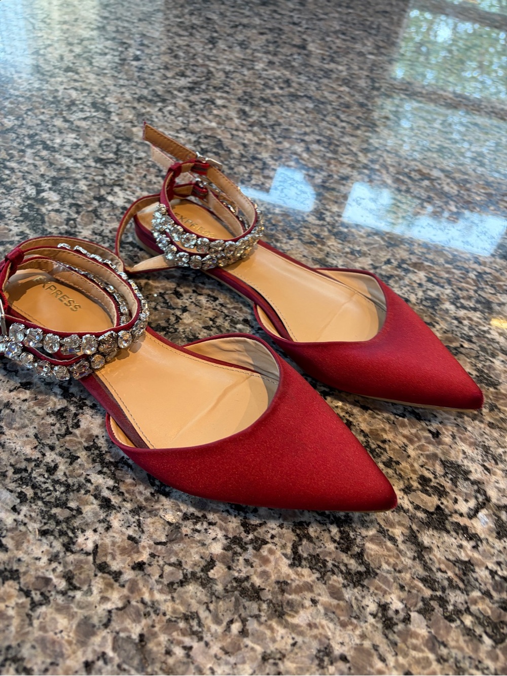 Express Red Satin Pointed-Toe Flats with Crystal Ankle Straps